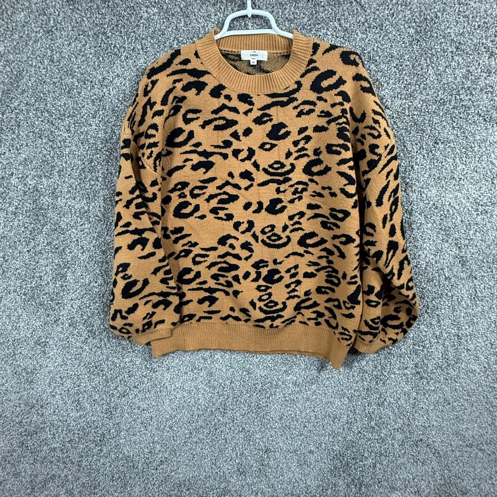 Entro Womens Leopard Print Crewneck Sweater Tan Black Animal Knit Top M